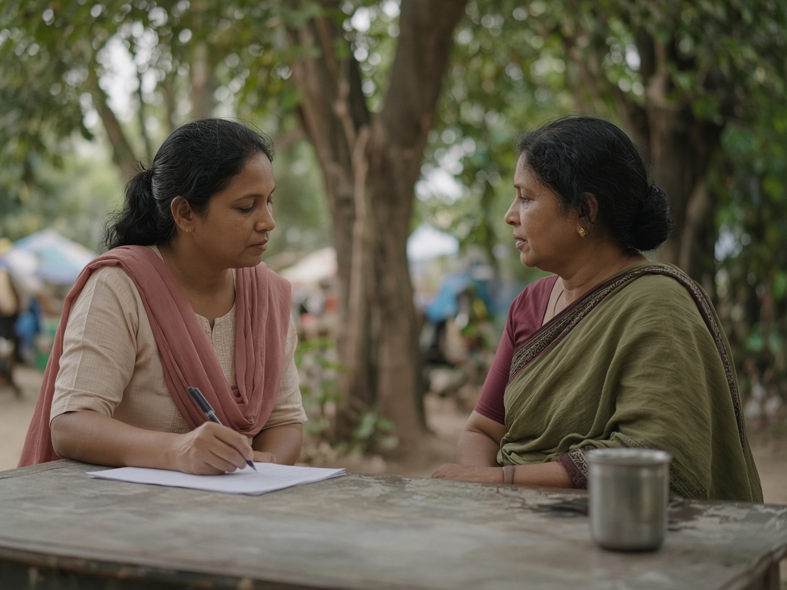 A community health worker sitting with a patient at an outdoor clinic