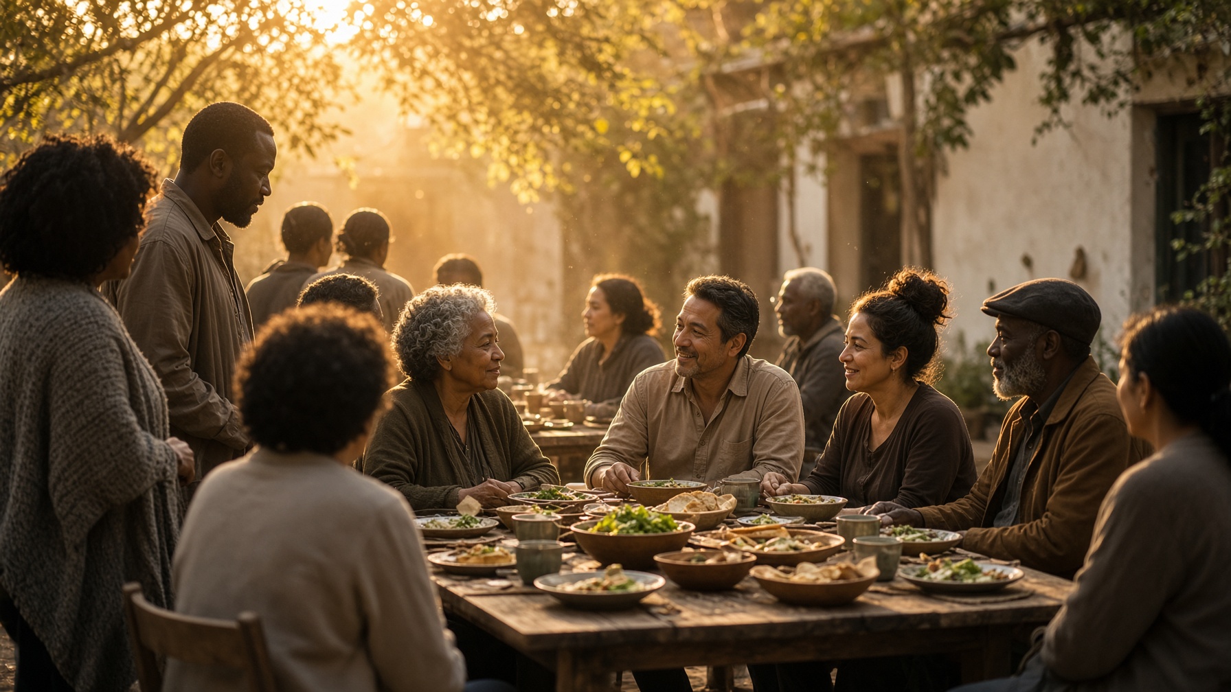 A community sharing a meal together around a long table in warm evening light
