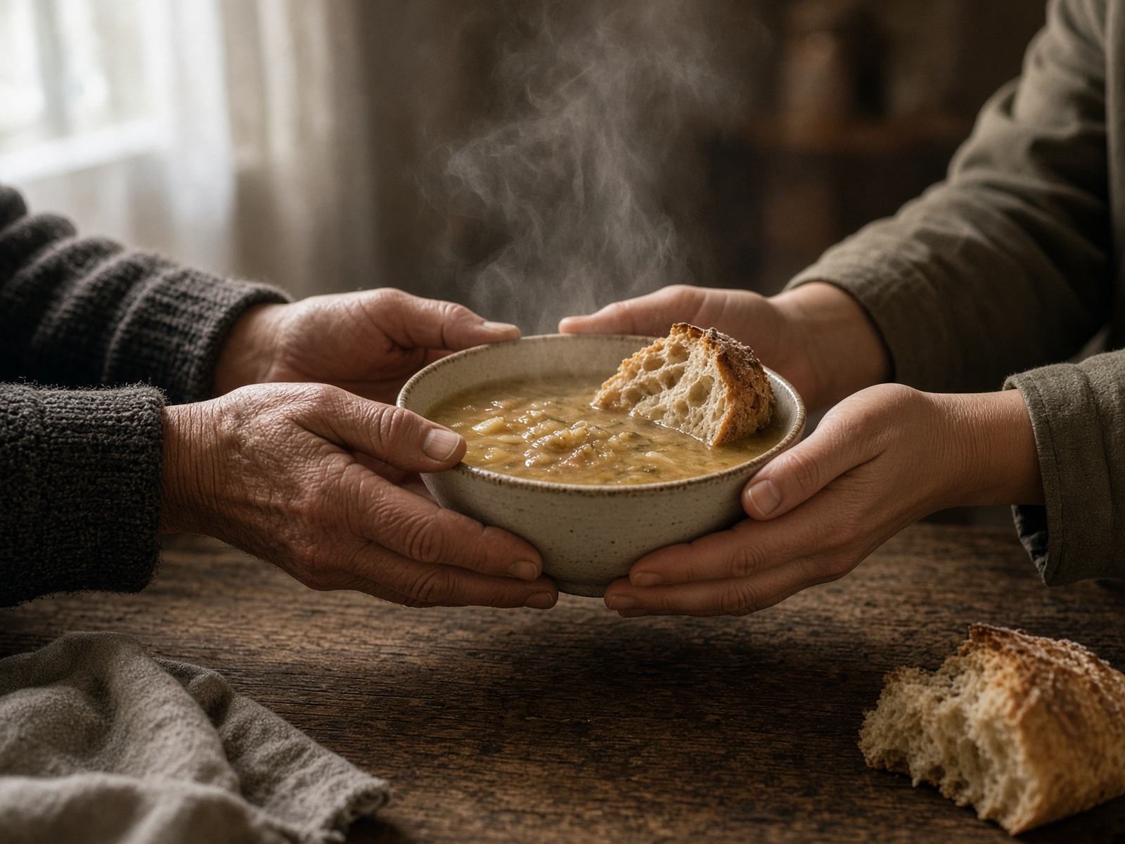Hands passing a bowl of soup and bread across a wooden table