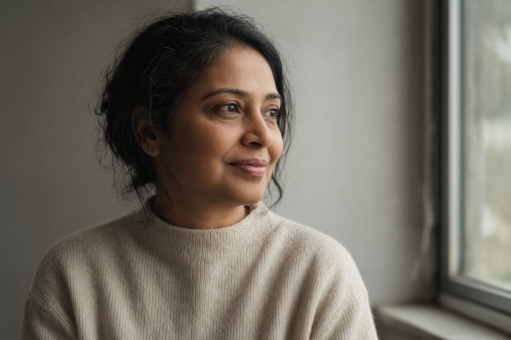 Portrait of a community member standing by a window