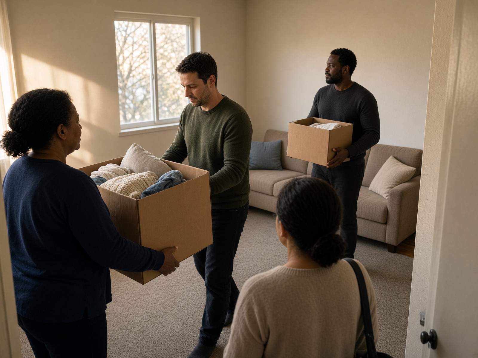 Volunteers carrying household goods into a modest furnished room